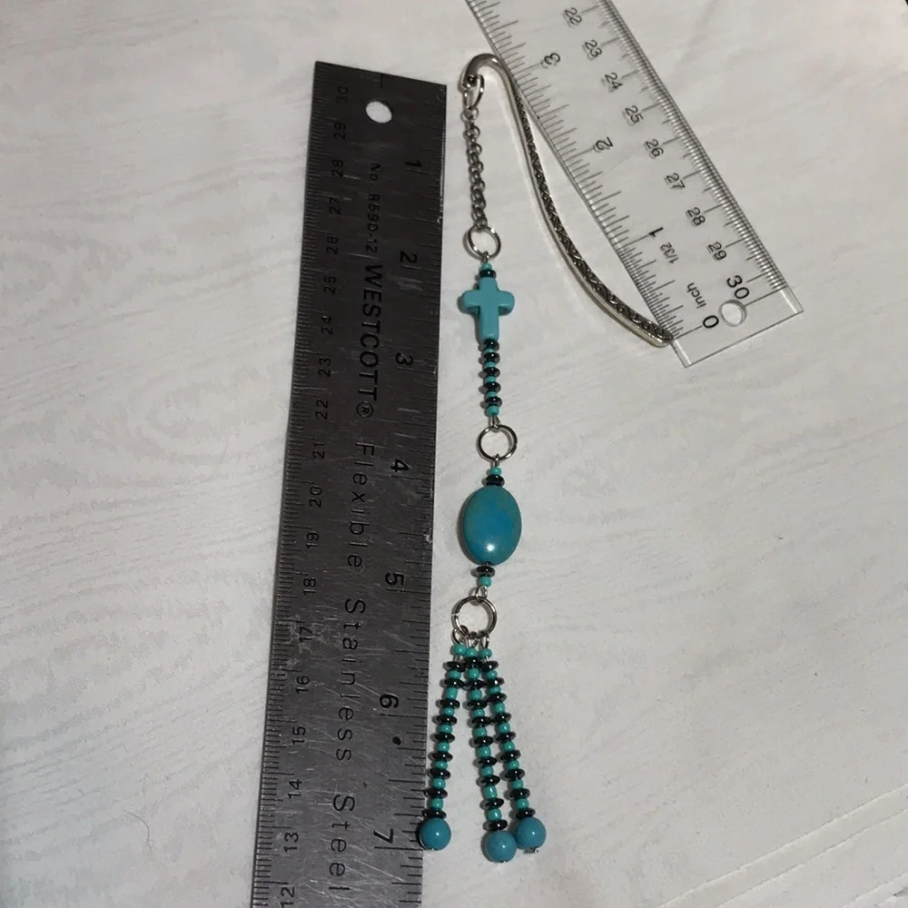 Metal Shepherds Hook Bkmk w/Chain & Turq Magnesite Gemstone,Glass, & Metal Beads